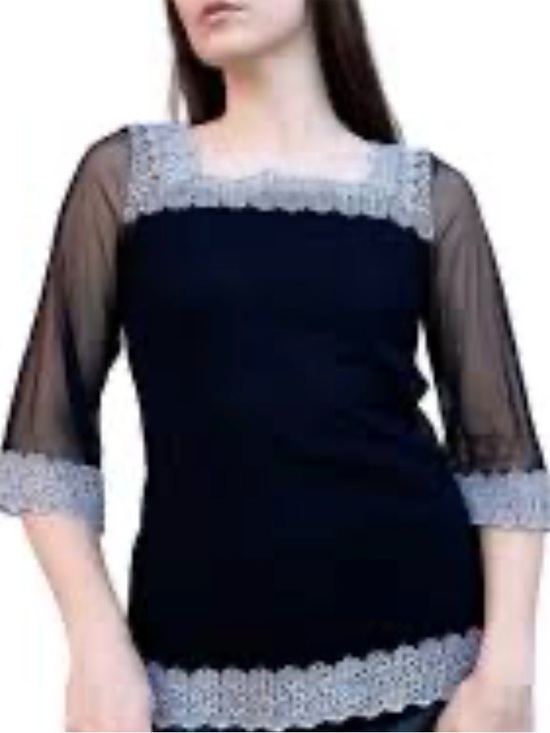 Nicole by Nicole Miller Tops - NWT Black Sheer Top with Silver Lace Trim and Sheer Sleeves